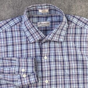 Peter Millar Crown Ease Shirt Large Blue Plaid Long Sleeve Button Up Cotton